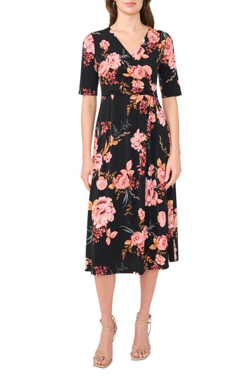 V-Neck Faux Wrap Midi Dress