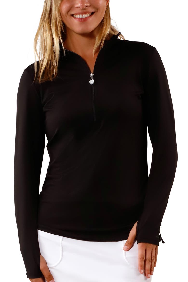 Long Sleeve Half Zip Ruched Sun Shirt, Main, color, Black