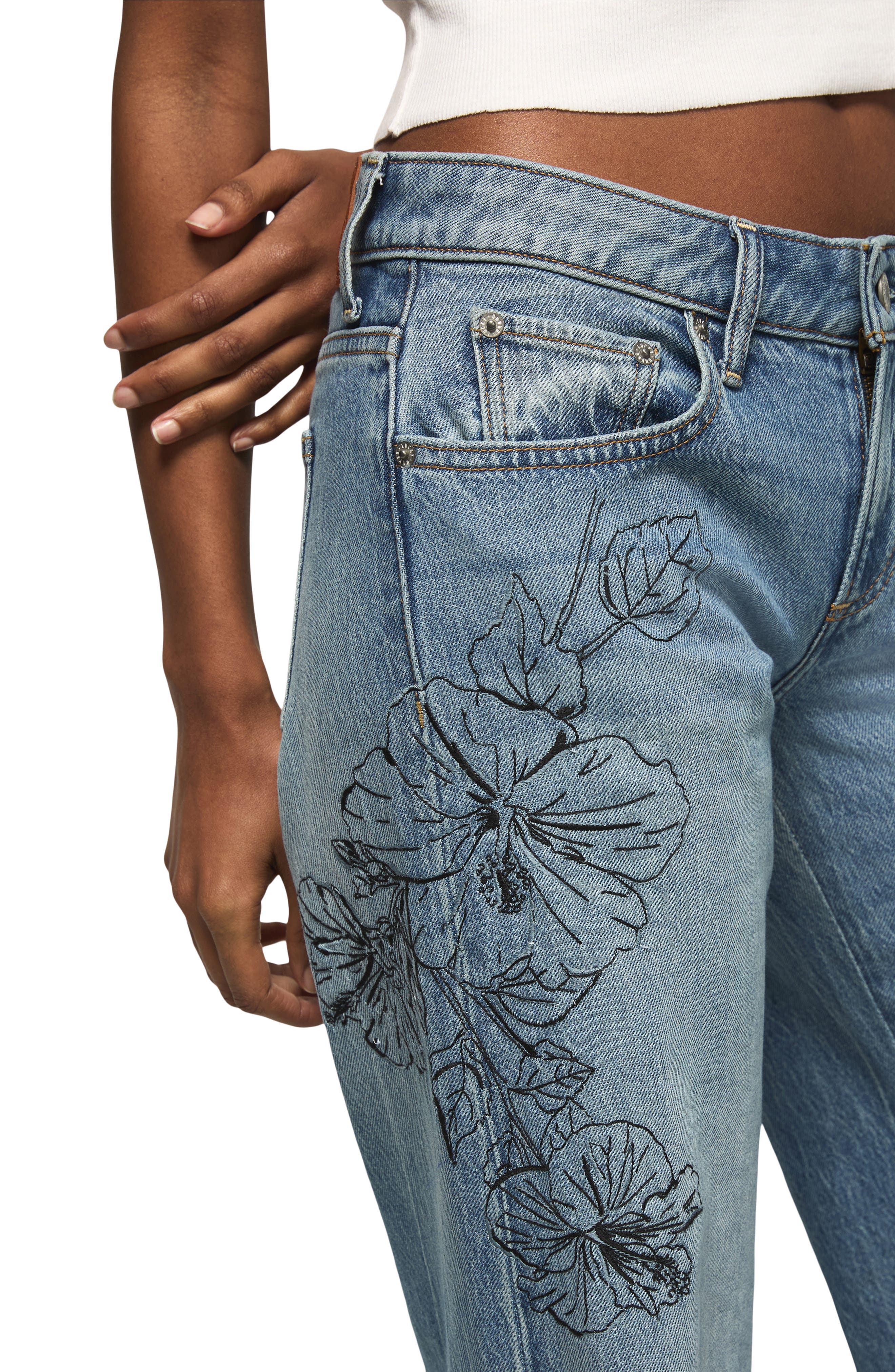 Lucky Brand Floral Embroidered Baggy Wide Leg Jeans (Women 