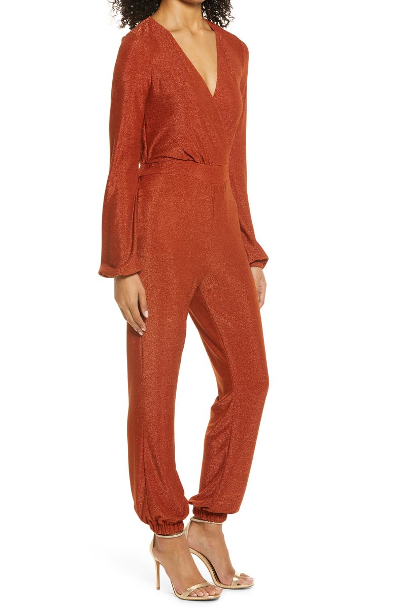 bebe Metallic Knit Long Sleeve Jumpsuit, Alternate, color, 