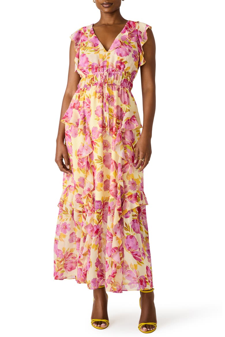 Crosby Floral Print Ruffle Maxi Dress, Main, color, IBIS ROSE