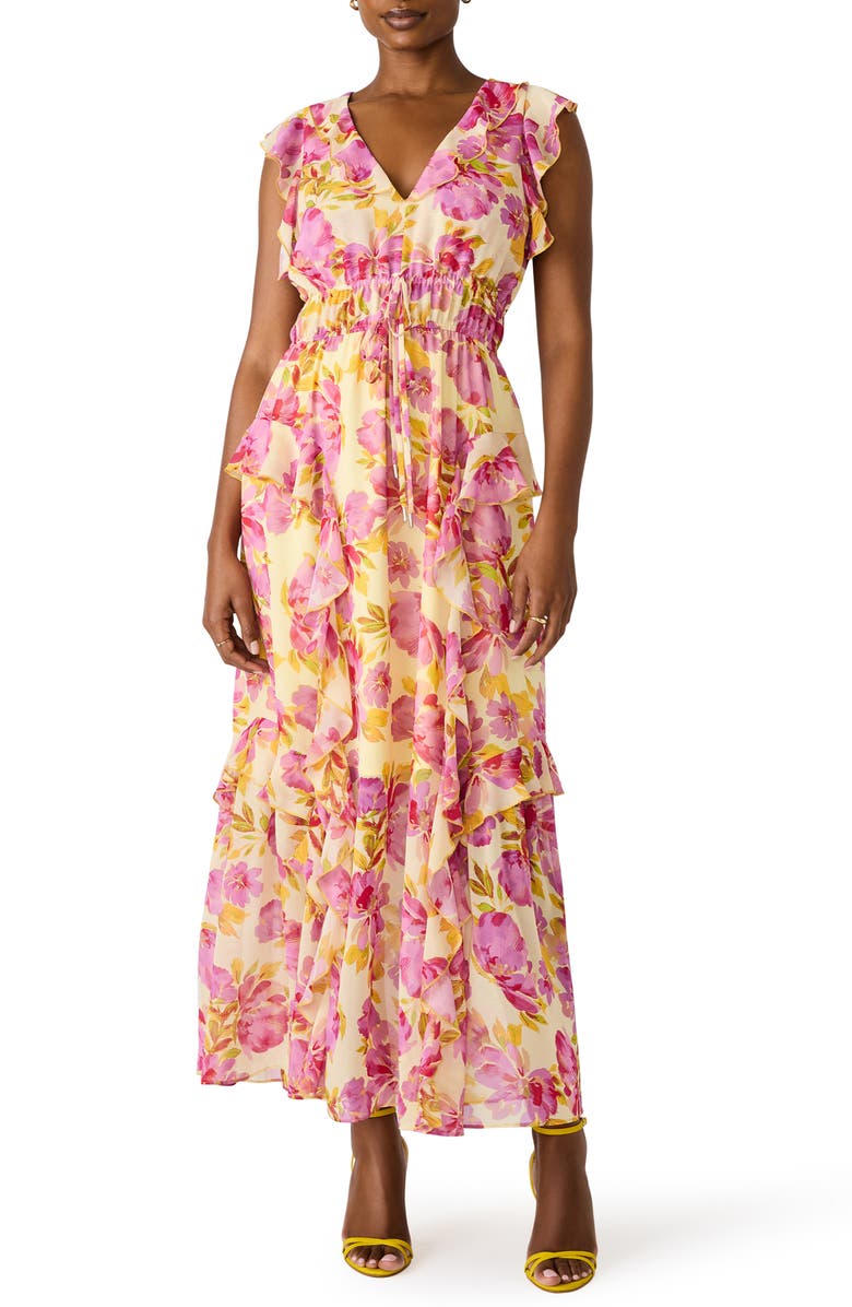 Steve Madden Crosby Floral Print Ruffle Maxi Dress, Main, color, Ibis Rose