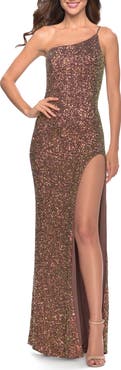 La Femme Elegant Soft Sequin One Shoulder Long Dress in Bronze
