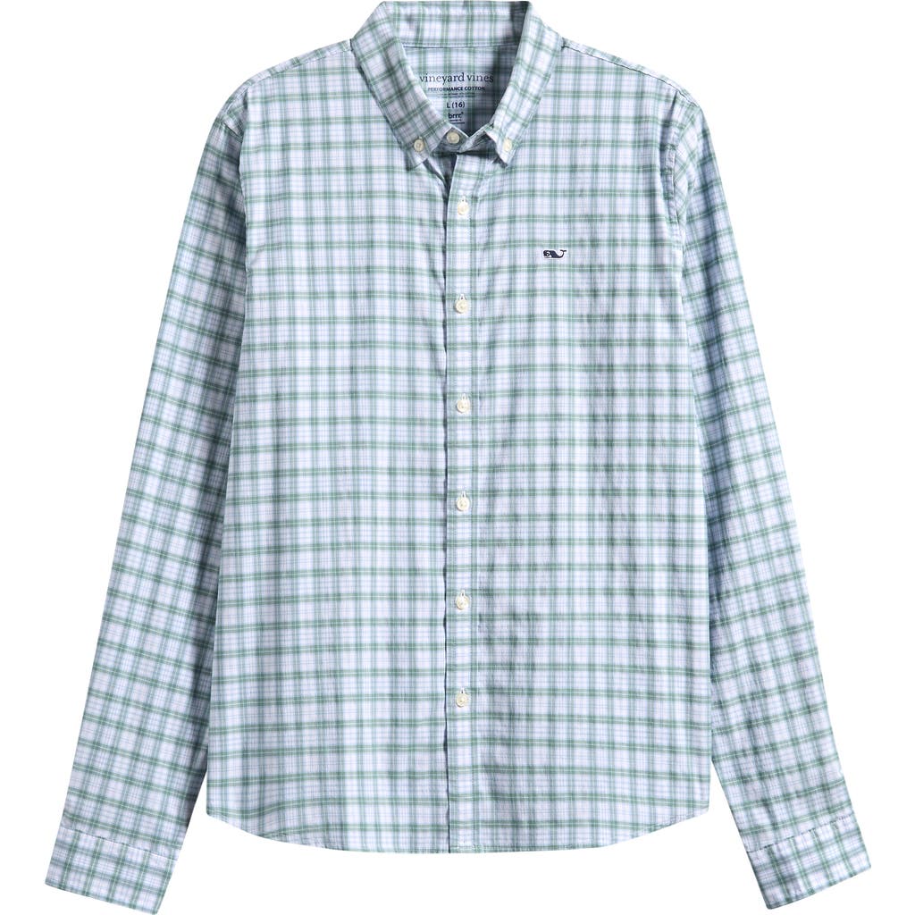 Vineyard Vines Kids' Lowcountry Plaid Performance Cotton Shirt In Olive Dusk