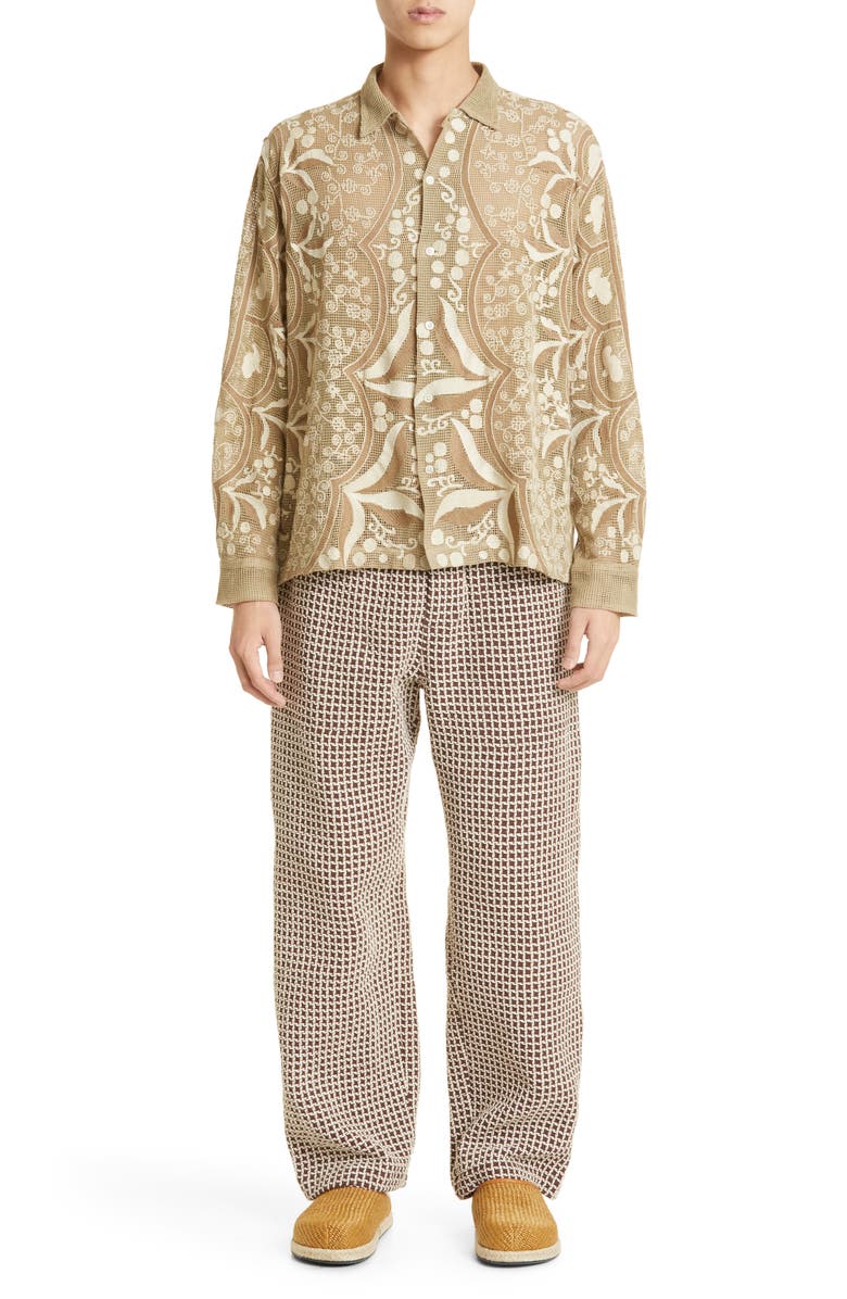 Bode Filet Filigree Embroidered Mesh Button-Up Shirt, Alternate, color, 