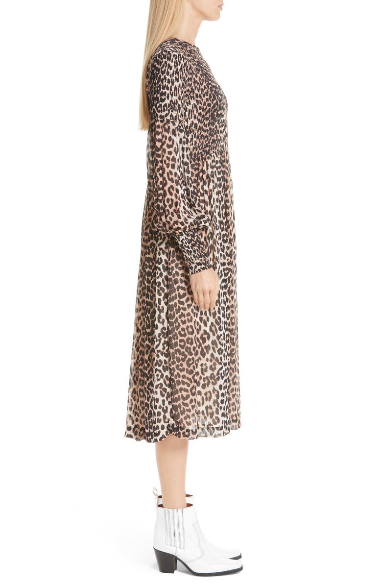 Ganni Leopard Print Georgette Midi Dress, Alternate, color, 