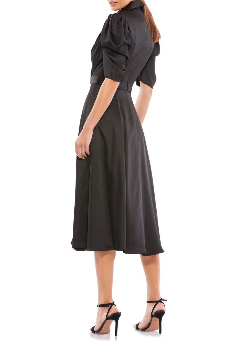 Satin Lapel Puff Sleeve Tea Length Dress, Alternate, color, BLACK