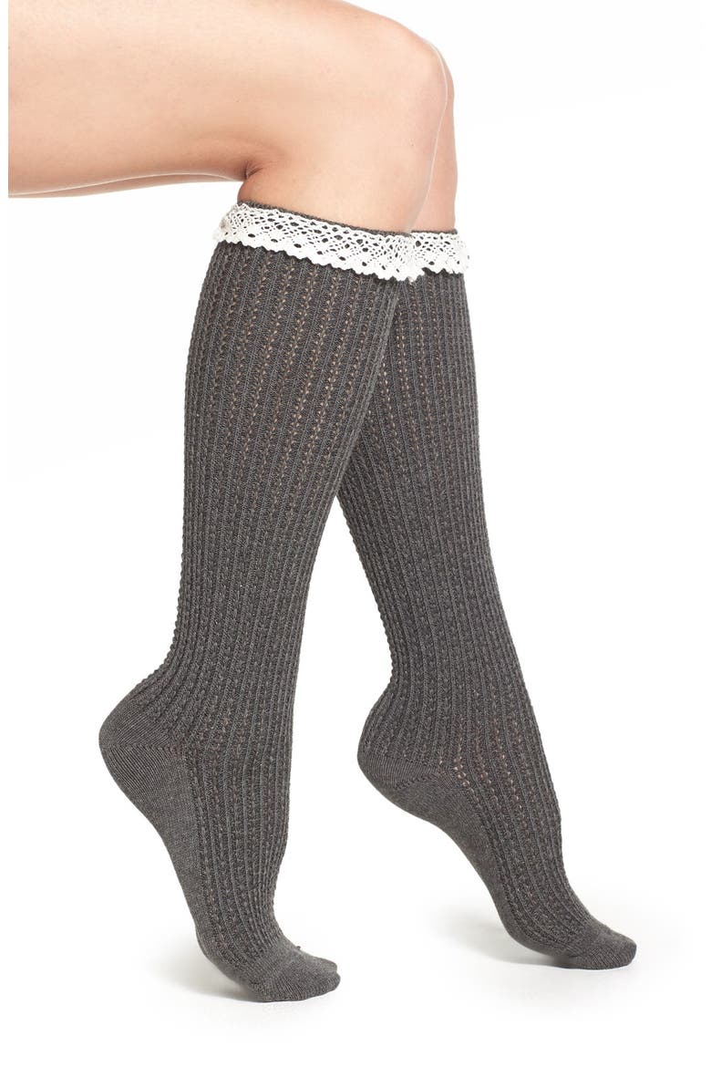 Pointelle Detail Ruffle Knee High Socks, Main, color, CHARCOAL HEATHER