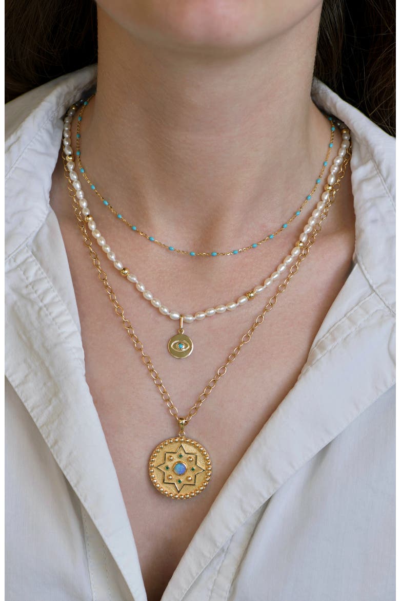 Bohème Baroque Seed Pearl Evil Eye Pendant Necklace, Alternate, color, 14K YELLOW GOLD/ PEARL