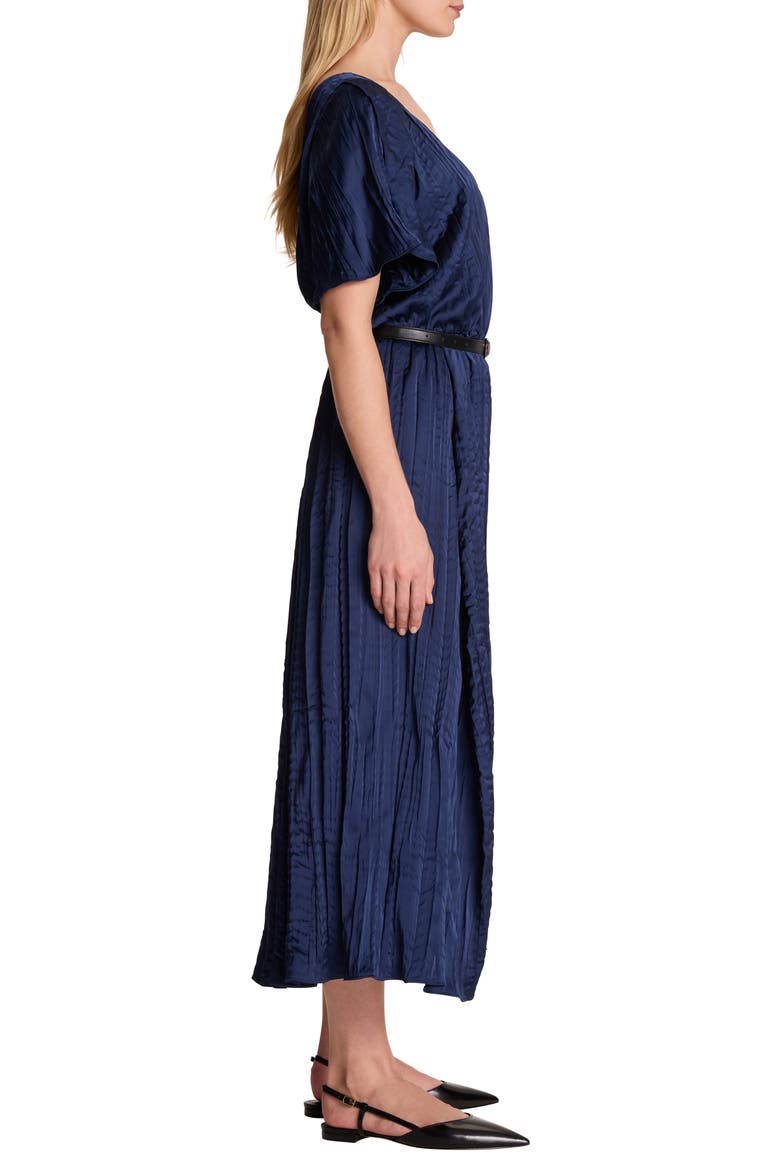 Bella Belted Crushed Satin Midi Dress, Alternate, color, DARK INDIGO