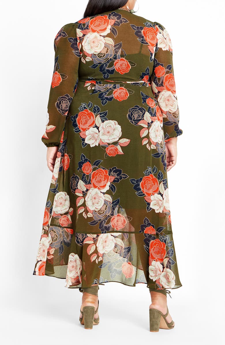 City Chic Kataleya Long Sleeve Chiffon Maxi Wrap Dress, Alternate, color, Olive Floral