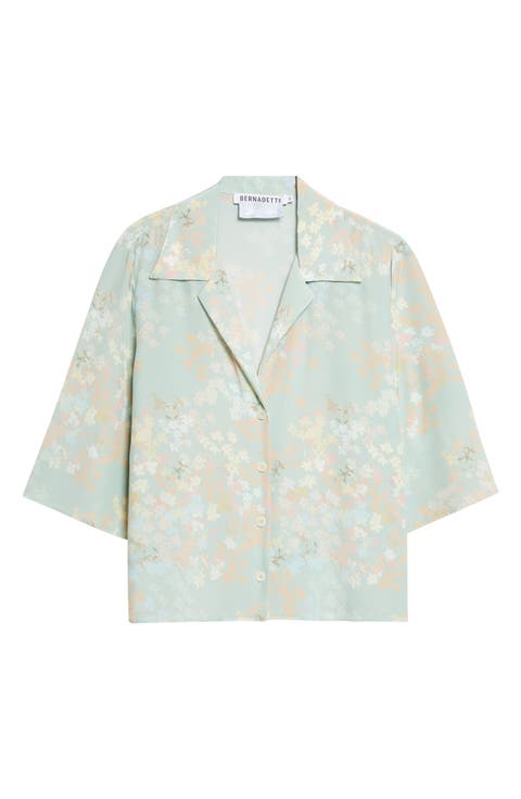 Petit Beurre Jasmine on Mint Print Silk Button-Up Camp Shirt
