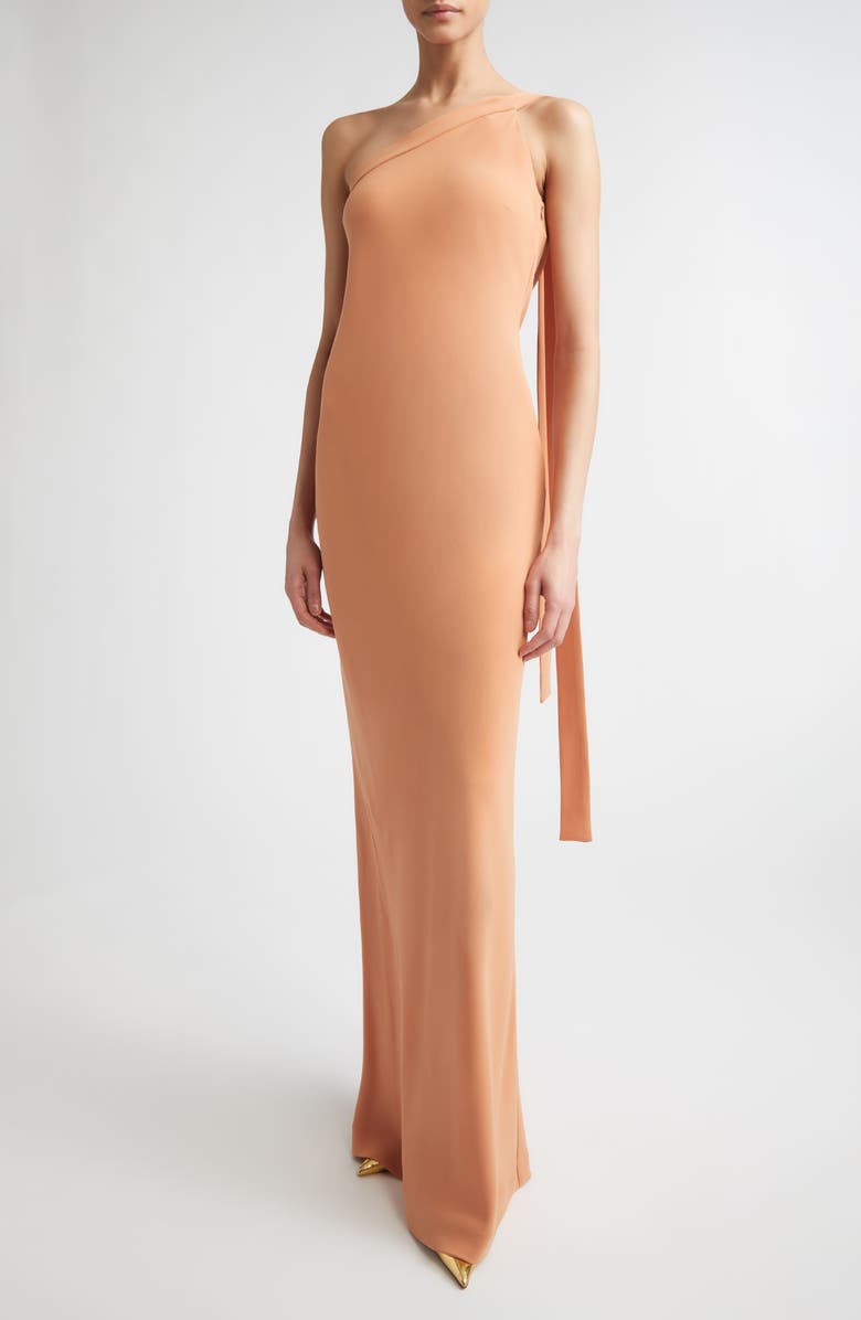 BERNADETTE Alexander One-Shoulder Gown, Main, color, Coral Orange
