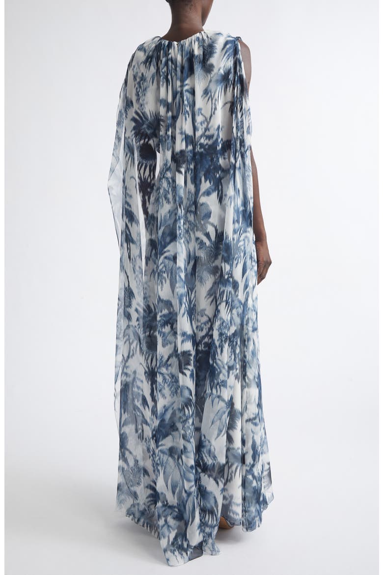 Chiné Palm Leaves Print Silk Caftan, Alternate, color, NAVY/ WHITE