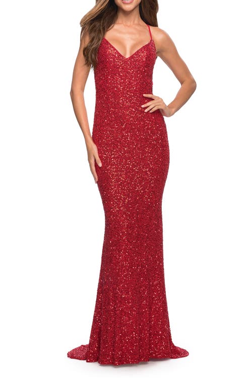 La Femme Luxurious Soft Sequin Dress With V Neckline In Red