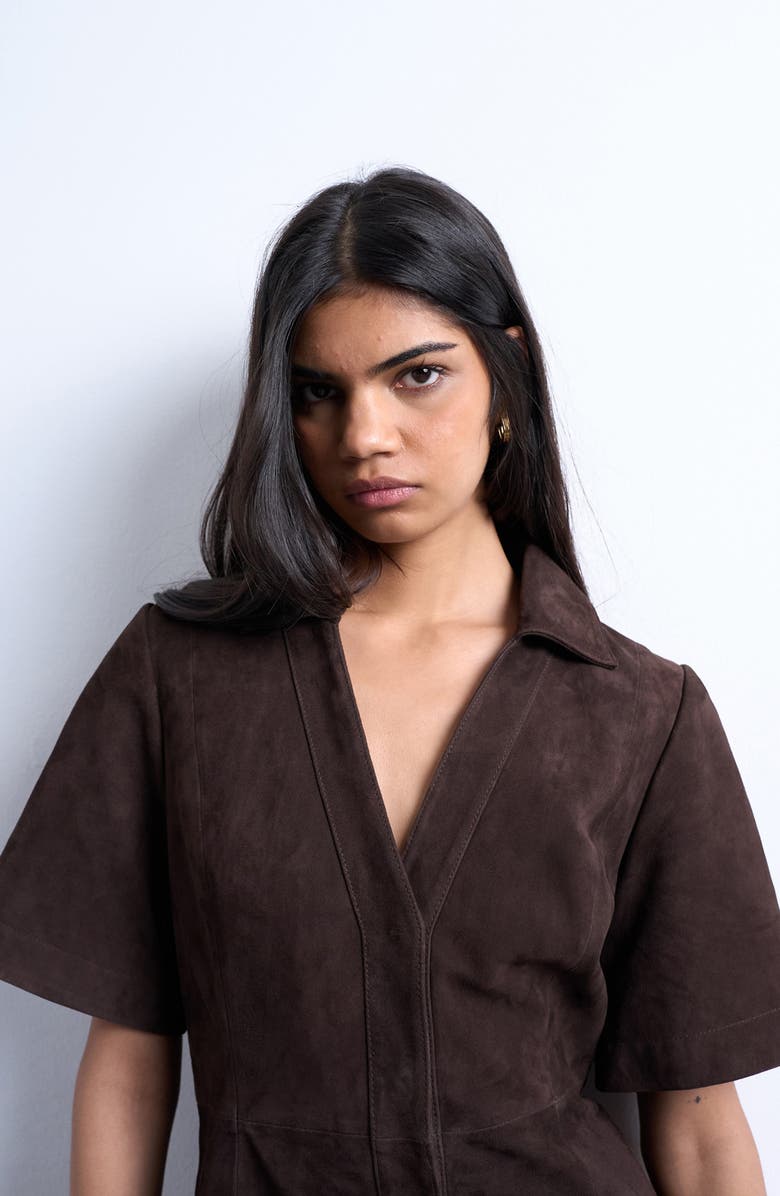 Topshop Suede Mini Shirtdress, Alternate, color, Brown