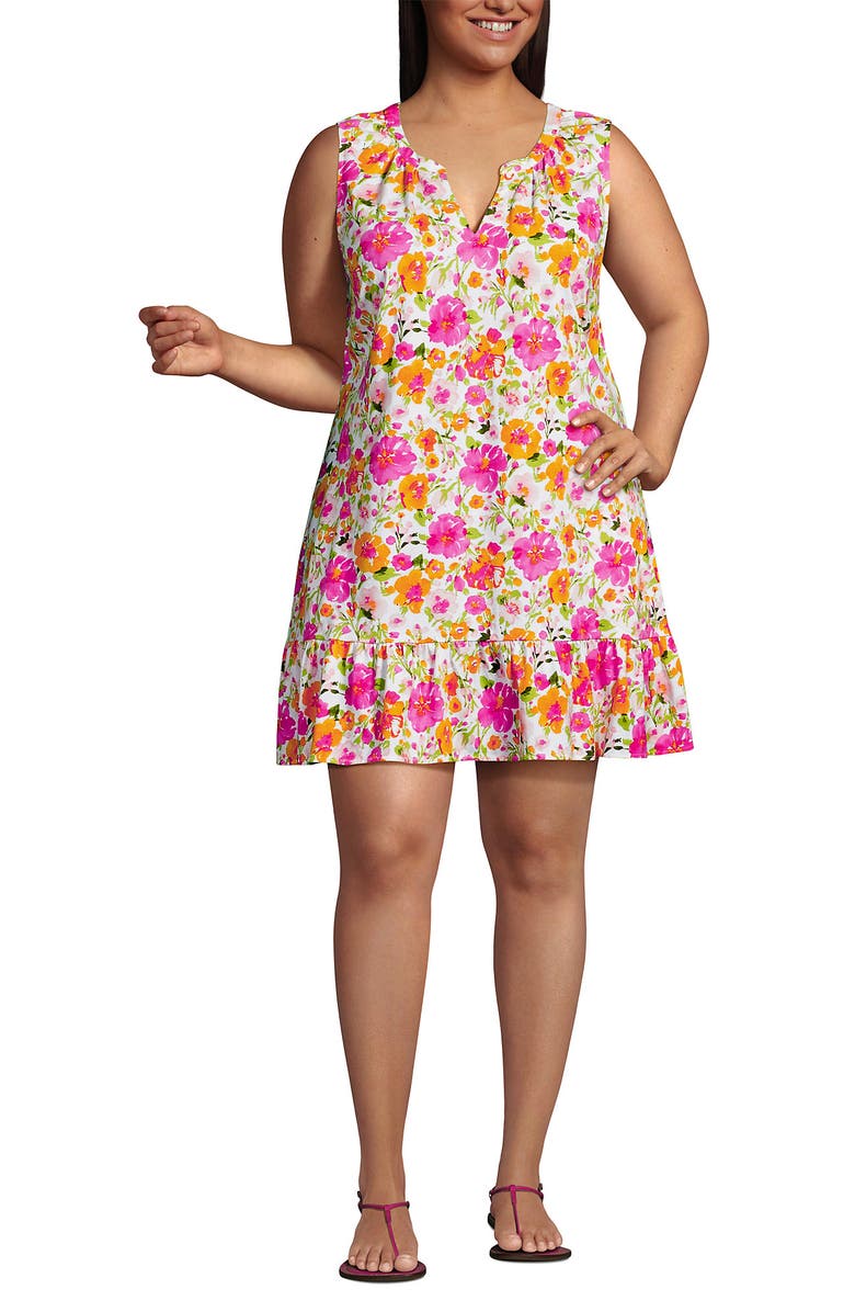 Lands' End Plus Size Sleeveless Cotton Jersey Notch Neck Flounce Dress, Main, color,