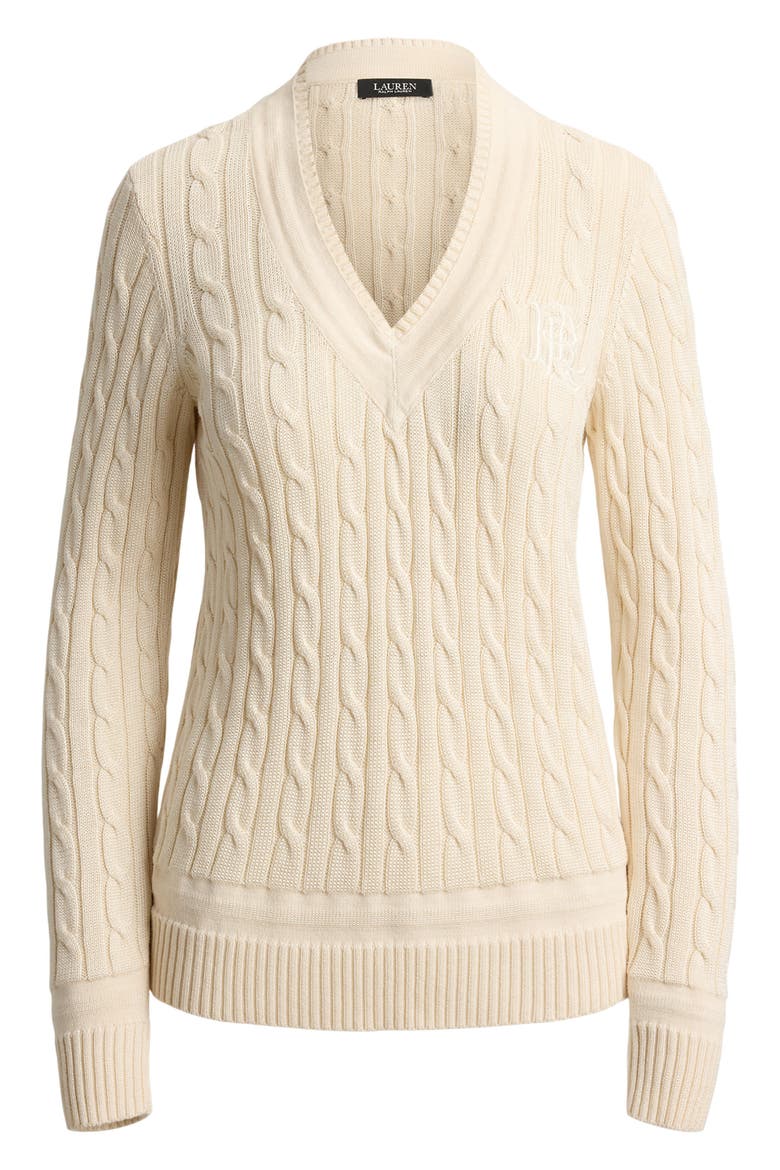 Cable Stitch V-Neck Sweater, Alternate, color, MASCARPONE CREAM