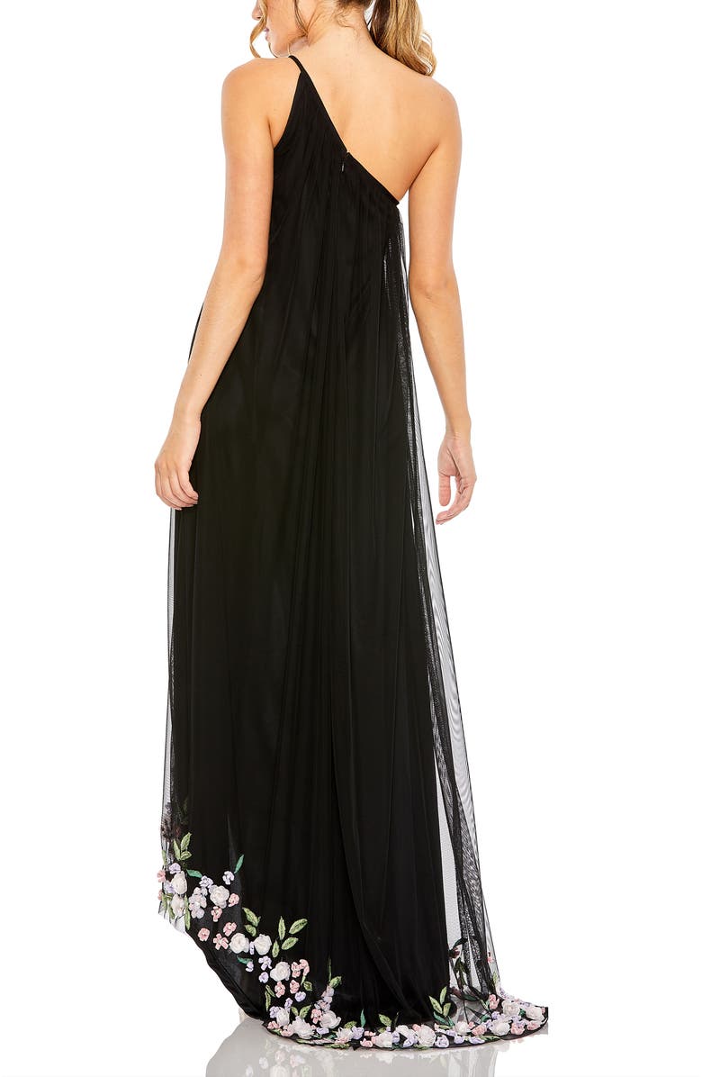Mac Duggal One Shoulder Trapeze Embellished High Low Gown, Alternate, color, Black