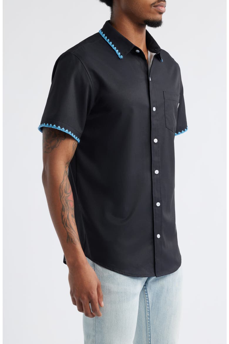 Weekend Crochet Trim Short Sleeve Performance Button-Up Shirt, Alternate, color, BLACK
