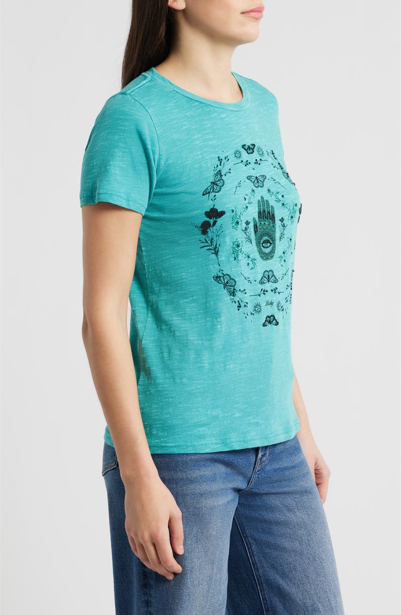 Lucky Brand Hamsa Butterfly Frame Cotton Graphic T-Shirt, Alternate, color, Baltic