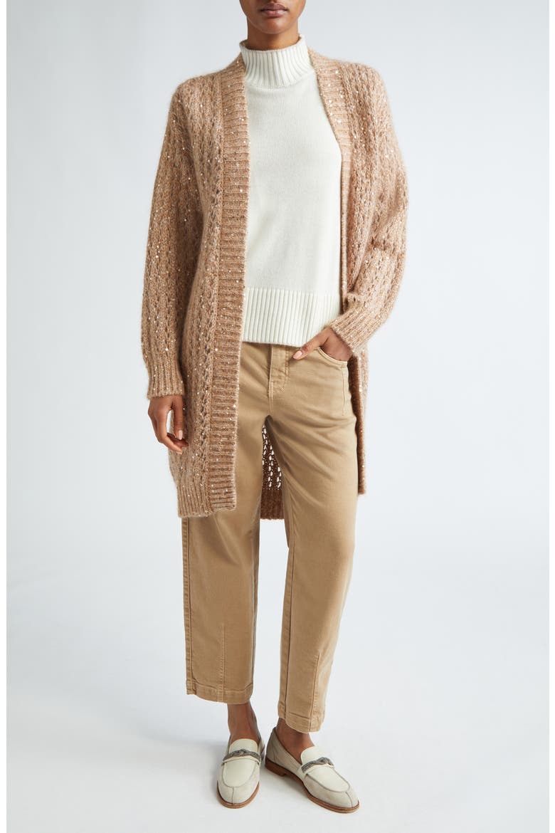 Sequin Open Front Longline Cardigan, Alternate, color, CAMEL