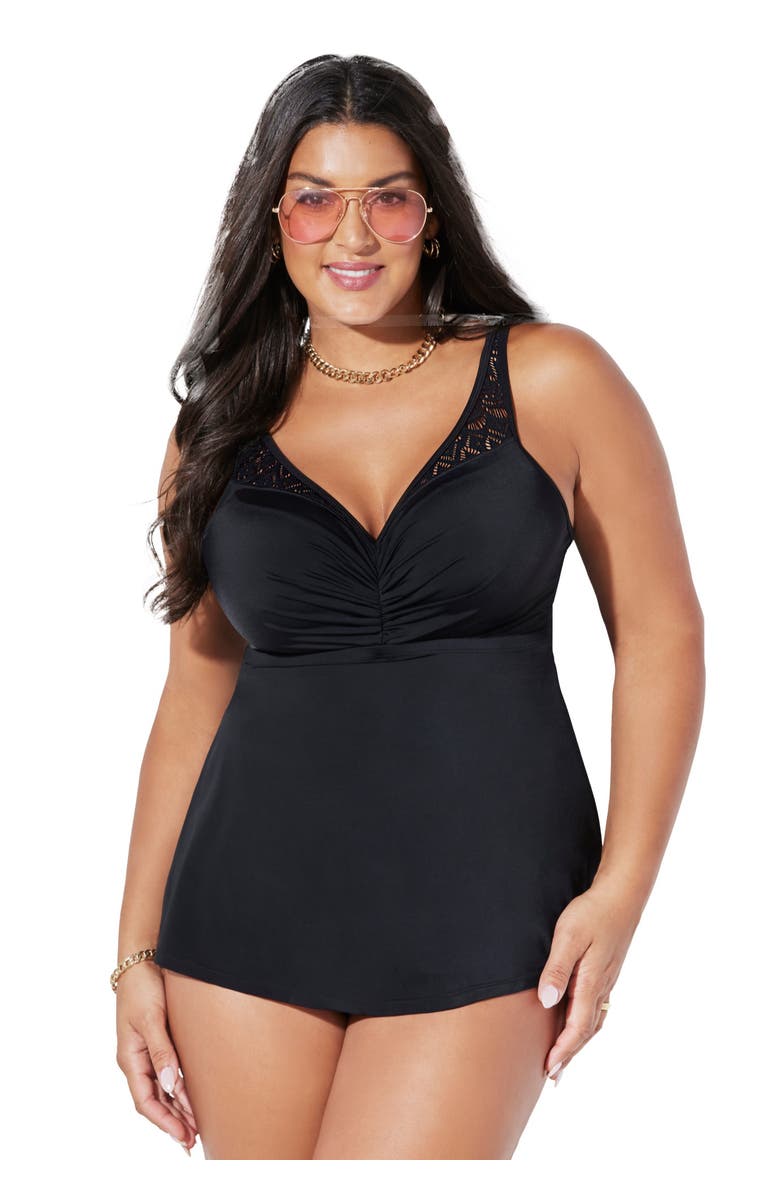 Swimsuits for All Bra Sized Crochet Underwire Tankini Top, Main, color, Black