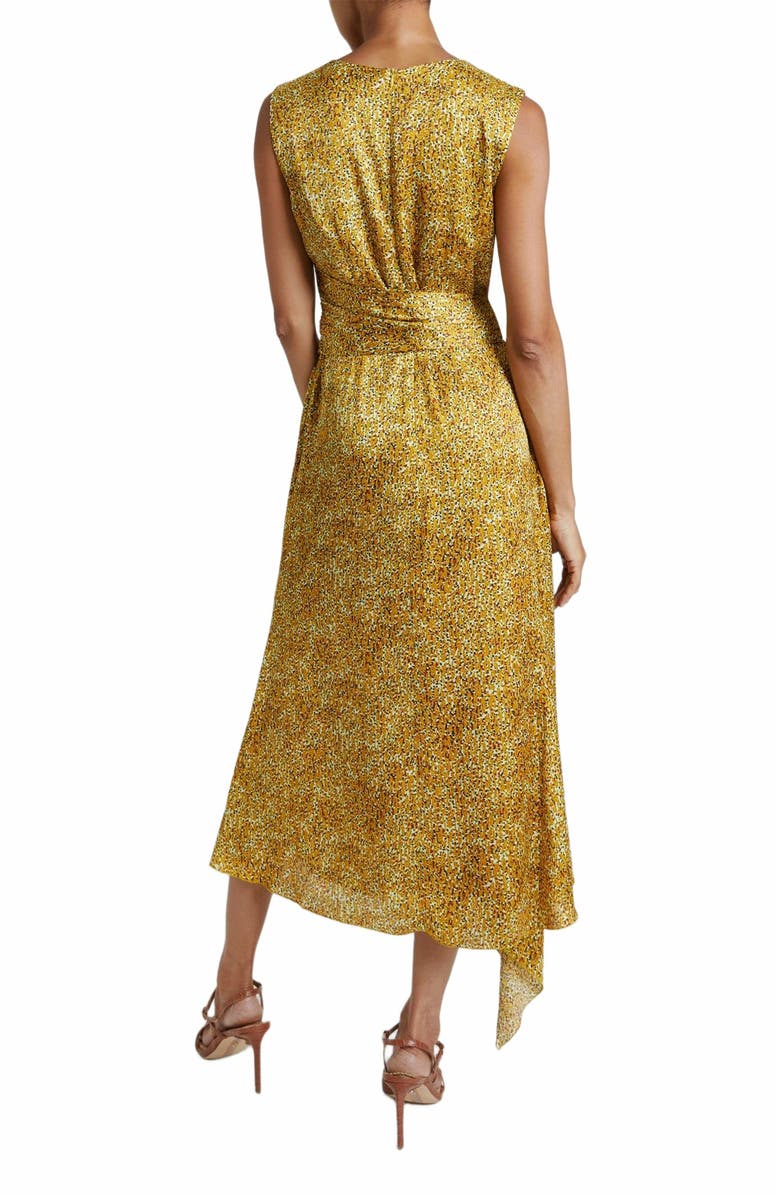 Santorelli VELIA Sleeveless Midi Dress in Dijon Yellow Printed Satin, Alternate, color,