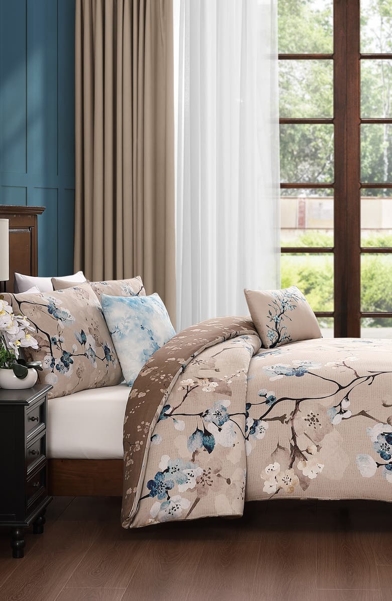 Bebejan Blue Blossom Reversible 5-Piece Comforter Set, Alternate, color, Brown