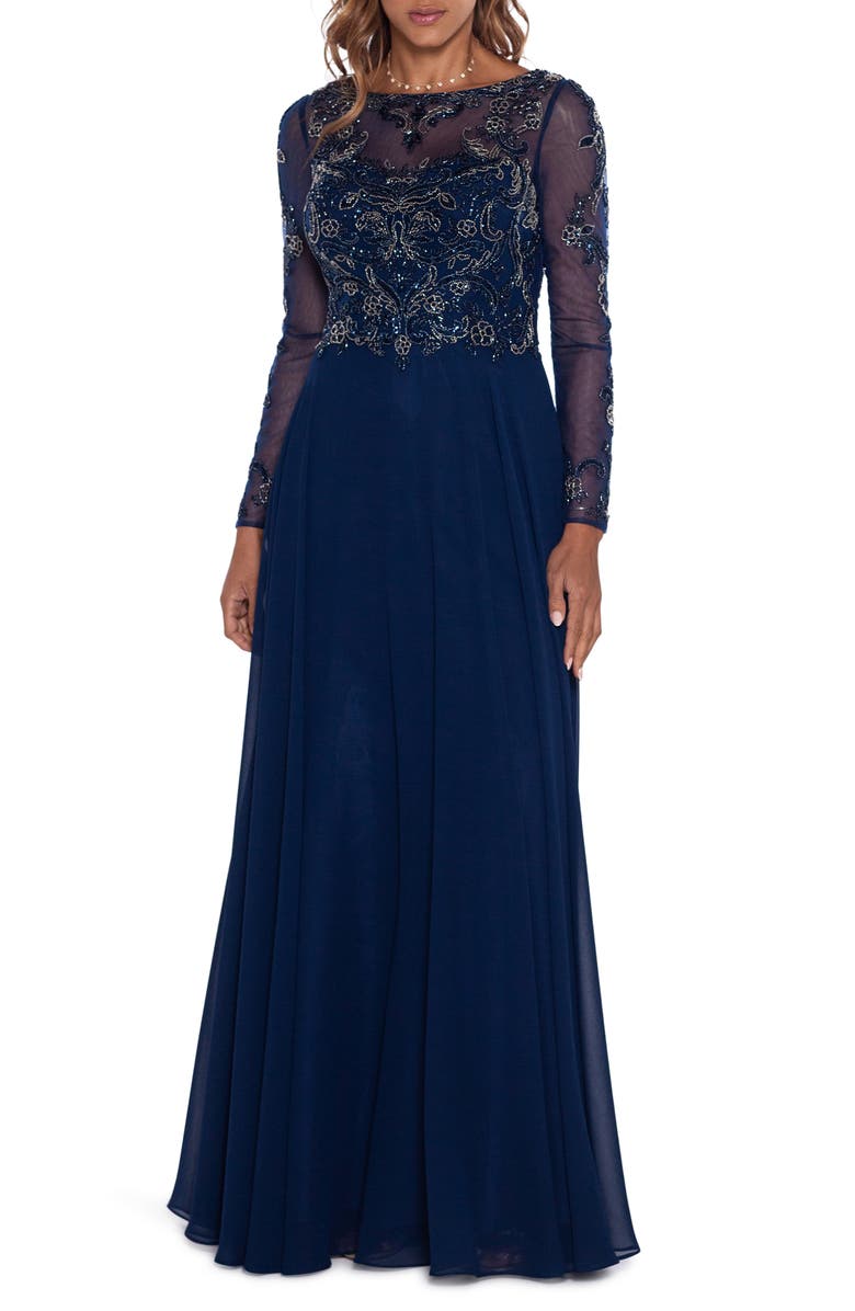 Xscape Evenings Xscape Embellished Long Sleeve Chiffon A-Line Gown, Main, color, 