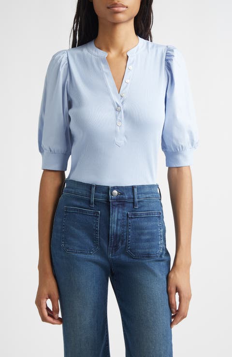 Coralee Puff Sleeve Mixed Media Henley Top