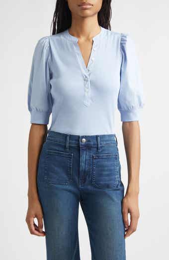 Veronica Beard Coralee Puff Sleeve Mixed Media Henley Top
