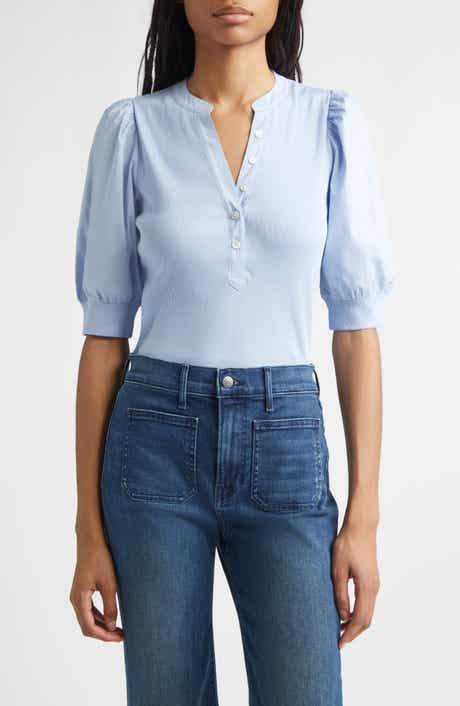 Veronica Beard Coralee Puff Sleeve Mixed Media Henley Top