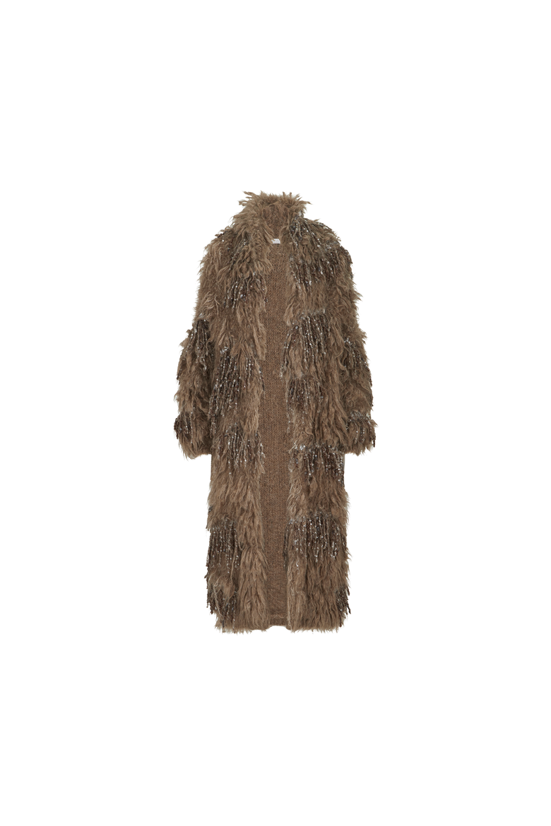 Dazzling moss embroidery long cardigan in mohair and wool, Alternate, color, Light Brown