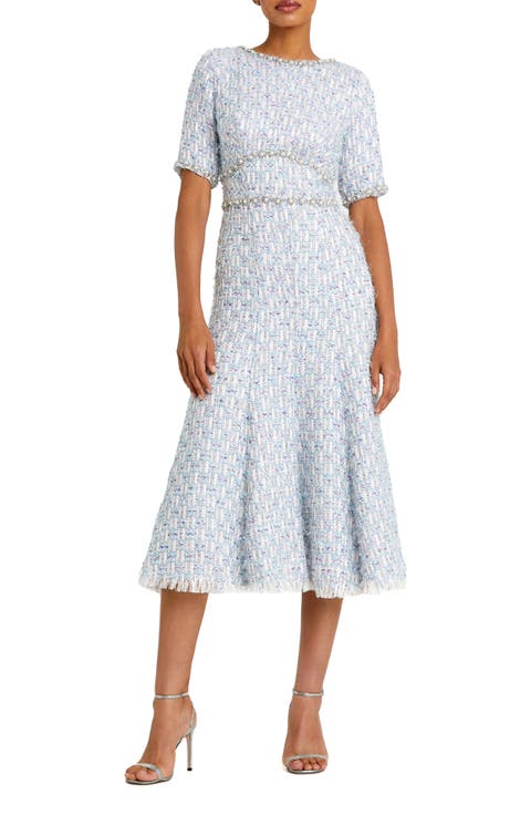 Short Sleeve Beaded Trim Boucle Midi Dress