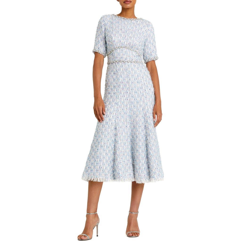 Mac Duggal Short Sleeve Beaded Trim Boucle Midi Dress in Blue Multi at Nordstrom, Size 12