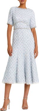 Mac Duggal Short Sleeve Beaded Trim Boucle Midi Dress