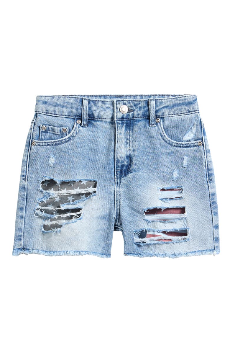Tractr Kids' Flag Pocket Ripped Denim Shorts, Main, color, Washed Indigo