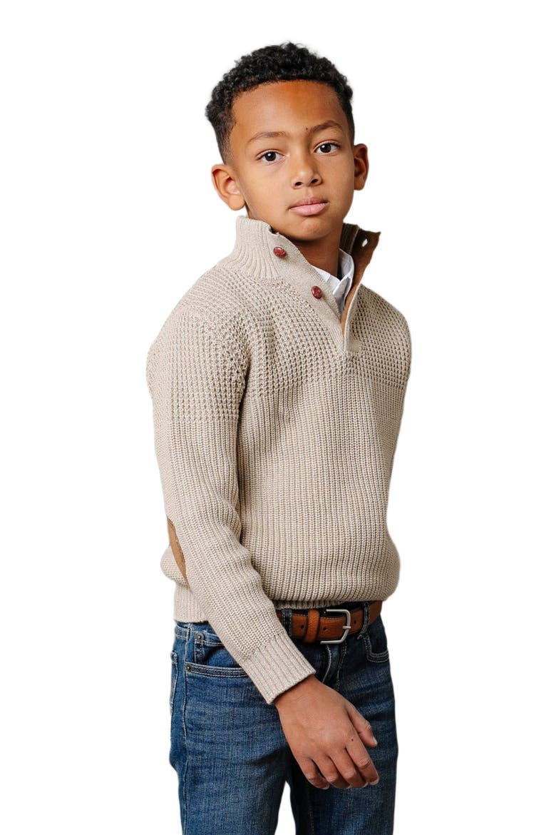 Boys' Organic Mix Stitch Mock Neck Sweater with Elbow Patches, Kids, Alternate, color, Taupe Marl Mix Stitch