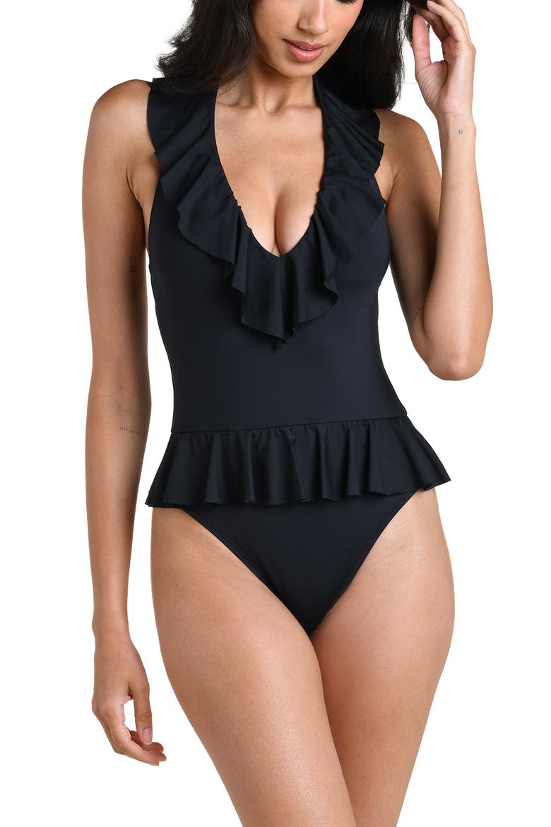 Island Goddess Halter One-Piece Swimsuit, Alternate, color, BLACK