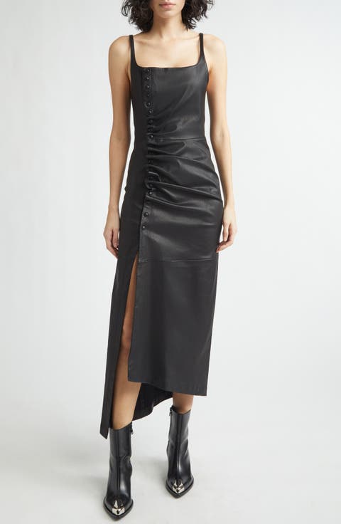Drappé Pression Asymmetric Lambskin Leather Midi Dress