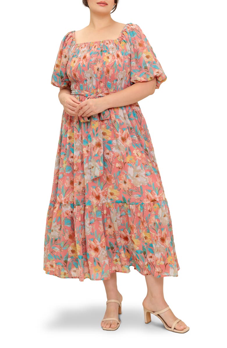 FLYING TOMATO Square Neck Puff Sleeve Maxi Sundress, Main, color, Rose