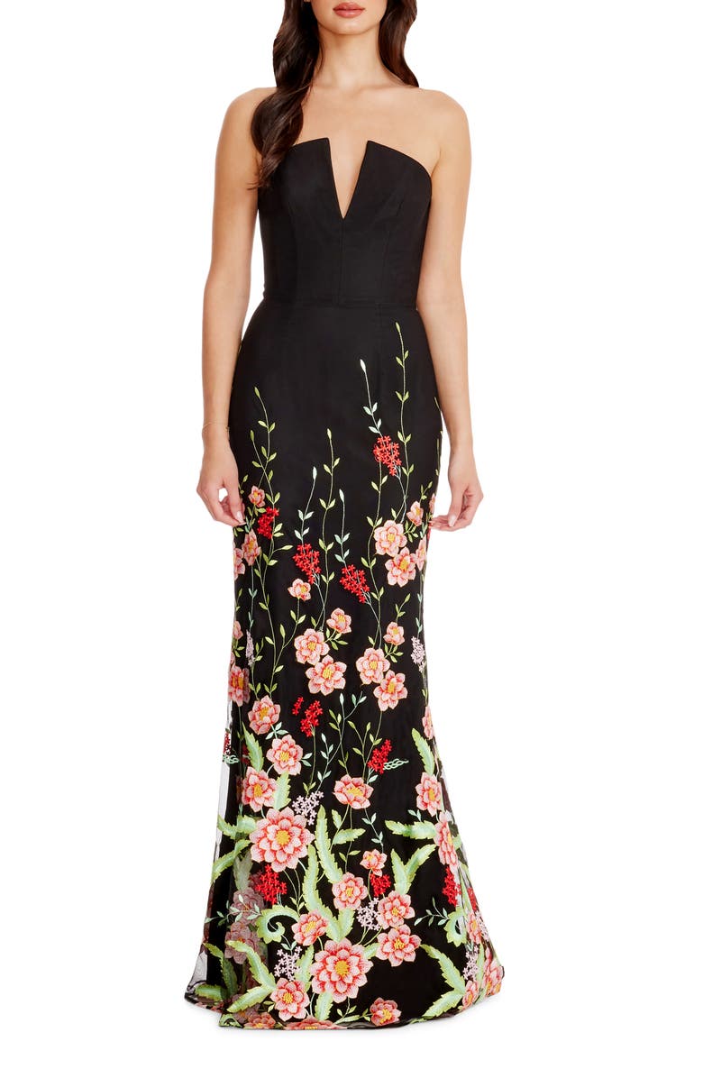 Dress the Population Fernanda Embroidered Floral Strapless Gown, Main, color, Bright Rose Multi