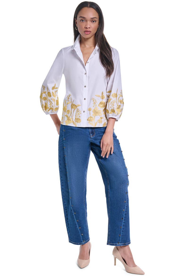Embroidered Puff Sleeve Cotton Shirt, Alternate, color, WHITE