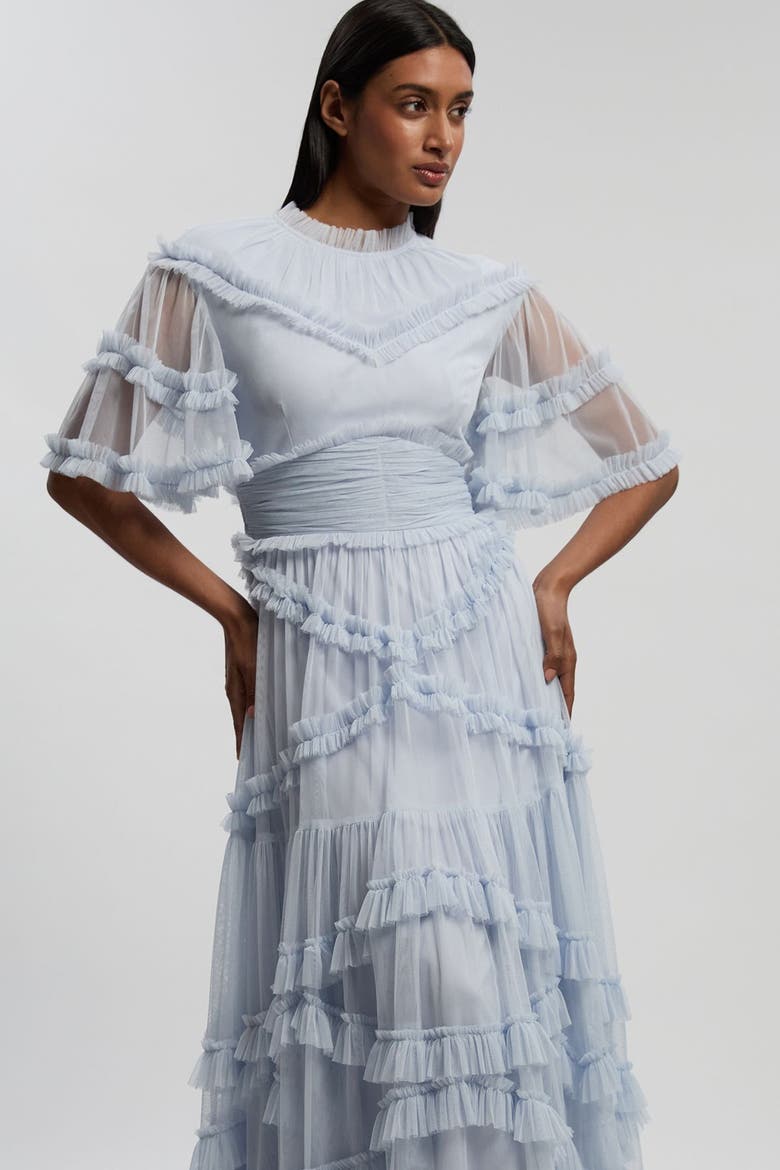 Tulle Ruffle Detail Woven Maxi Dress, Alternate, color, Ice Blue