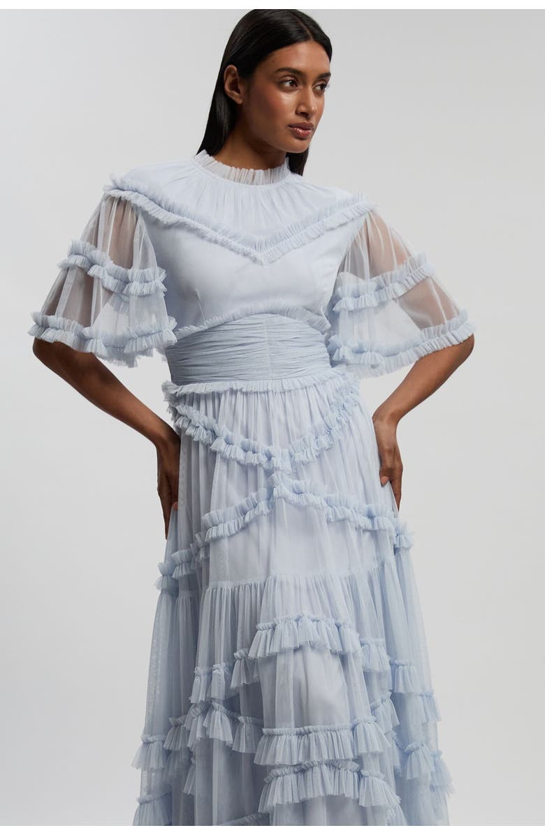 Karen Millen Tulle Ruffle Detail Woven Maxi Dress, Alternate, color, Ice Blue