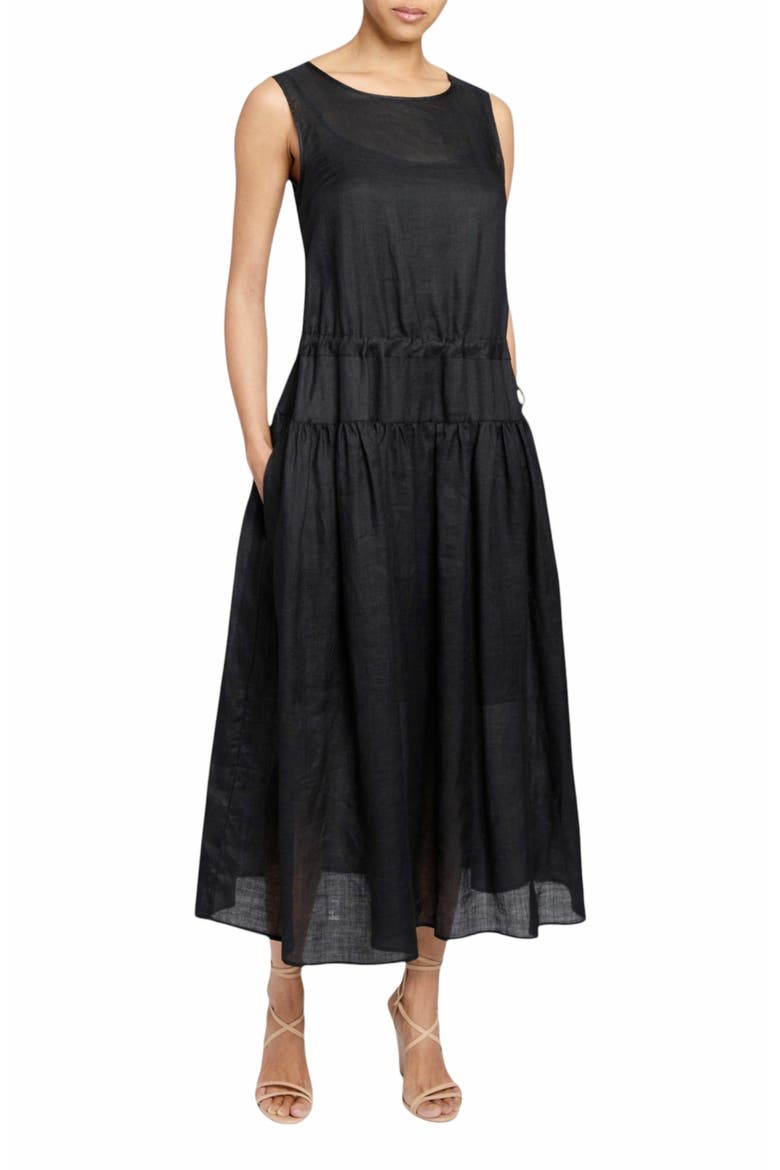 MISTY Sleeveless Drop-Waist Midi Dress in Lightweight Ramie, Alternate, color, BLACK