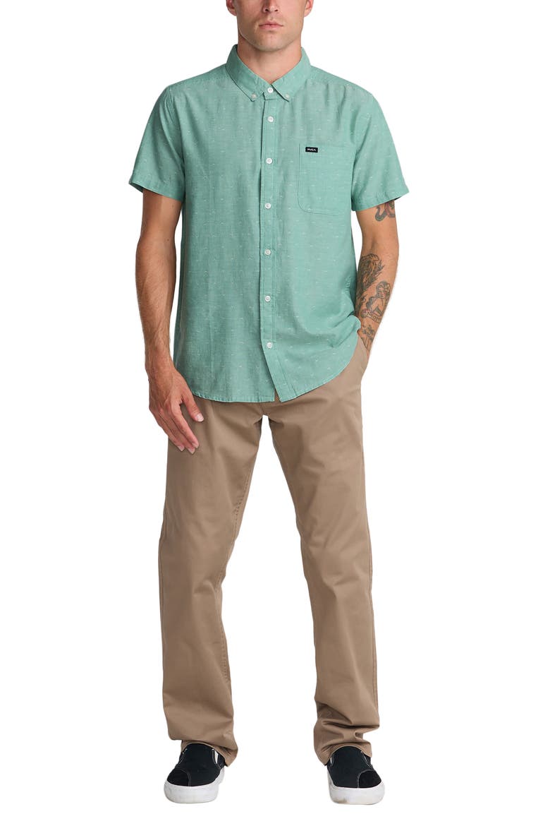 That'll Do Slim Fit Solid Short Sleeve Cotton Button-Down Shirt, Alternate, color, BOTTLE GREEN