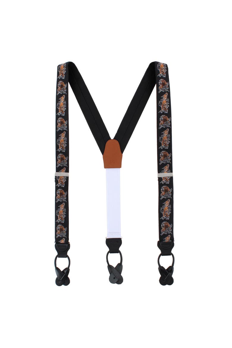 Bengali Crouching Tiger Silk Novelty Button End Suspenders, Alternate, color, Black