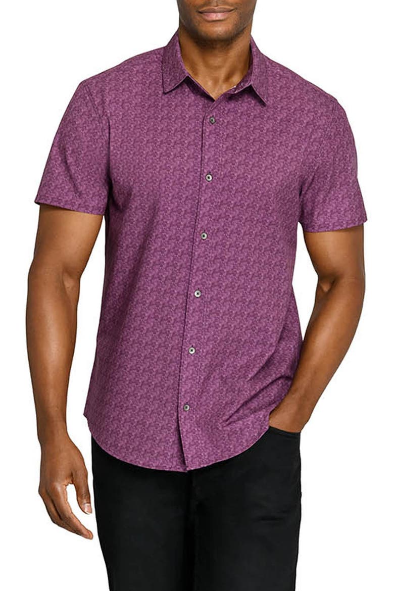 Abstract Blur Performance Short Sleeve Button Up Shirt, Main, color, MAROON